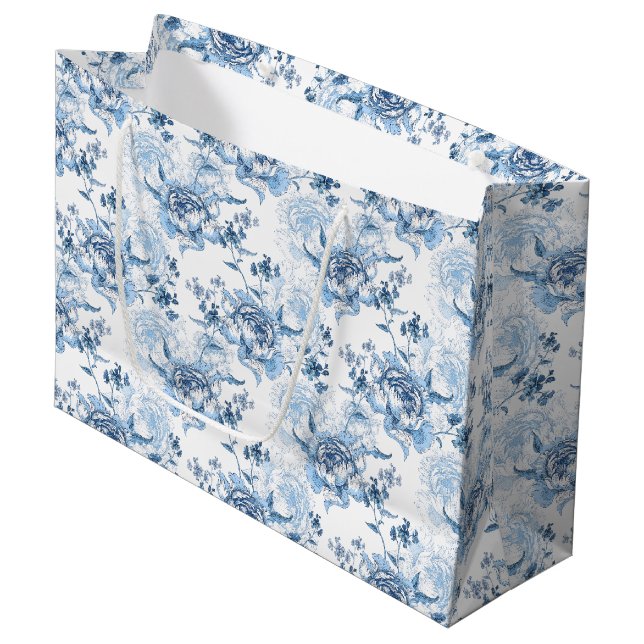 Bolsa De Regalo Grande Elegantes Peonies con grabado azul y blanco (Angulo Anverso)