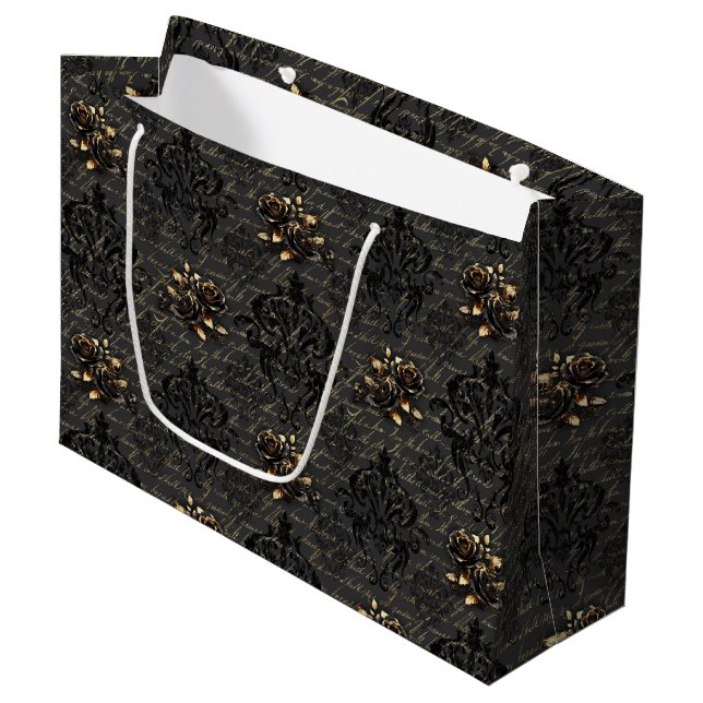 Bolsa De Regalo Grande Elegantes rosas de oro negro damasco gótico (Angulo Anverso)