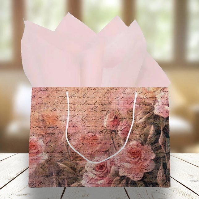 Bolsa De Regalo Grande Elegantes Rosas florales escritura antigua a mano (Subido por el creador)