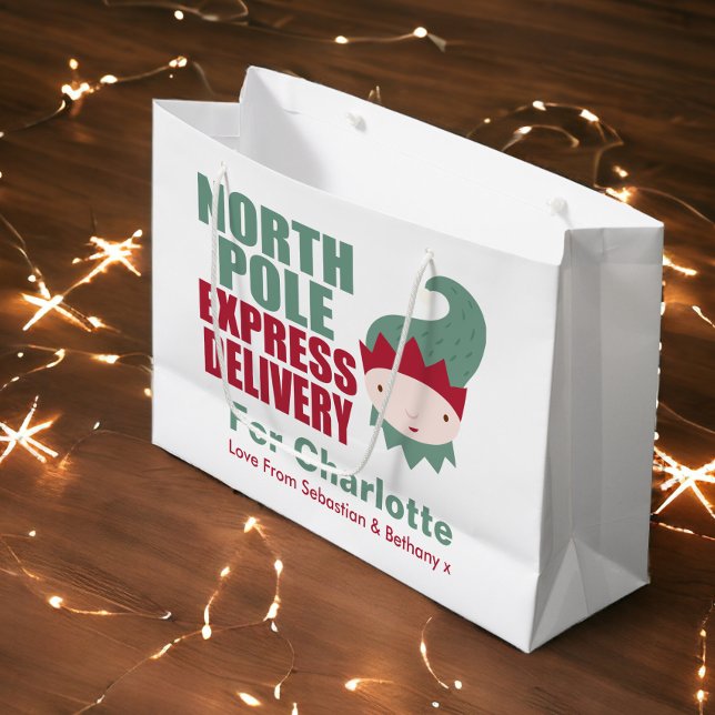 Bolsa De Regalo Grande Elf personalizado de entrega de North Pole Express (North Pole Express Delivery Personalized Elf Large Gift Bag from Ricaso)