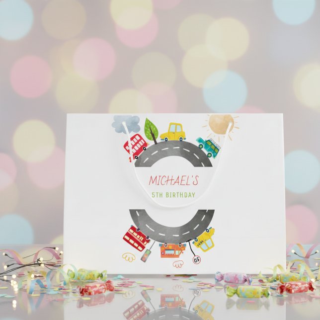 Bolsa De Regalo Grande En el camino vehículos felices cumpleaños del niño (Subido por el creador)