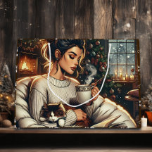 Escena Acogedora | Mujer bebiendo cacao de Navidad