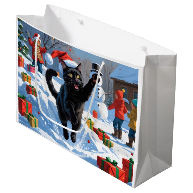 Bolsa De Regalo Grande Escena de nieve festiva para Navidades de gato neg (Angulo Anverso)