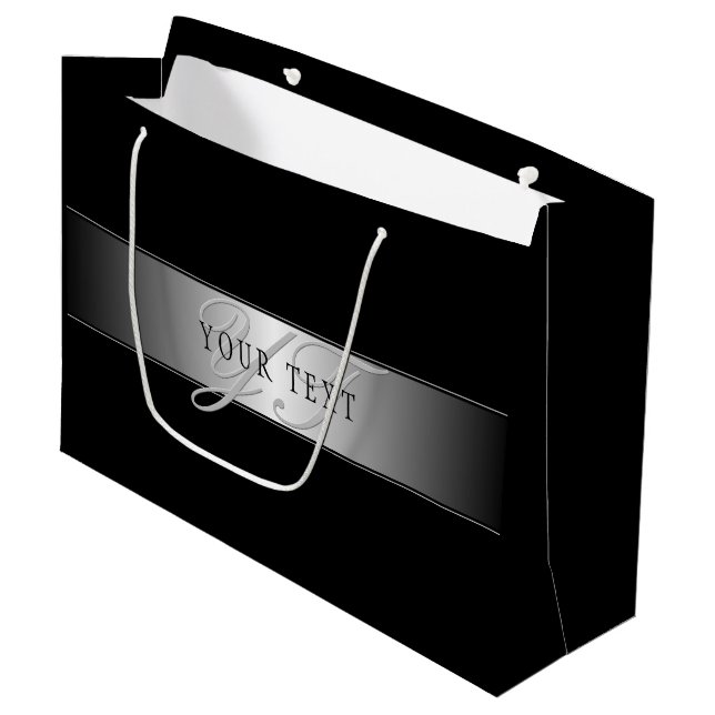 Bolsa De Regalo Grande Escritura Elegante Editable En Monograma | Negra (Angulo Anverso)