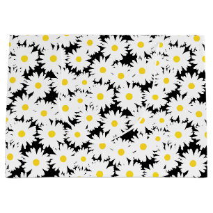 Bolsa De Regalo Grande Espacio negativo Daisies amarillo blanco sobre neg