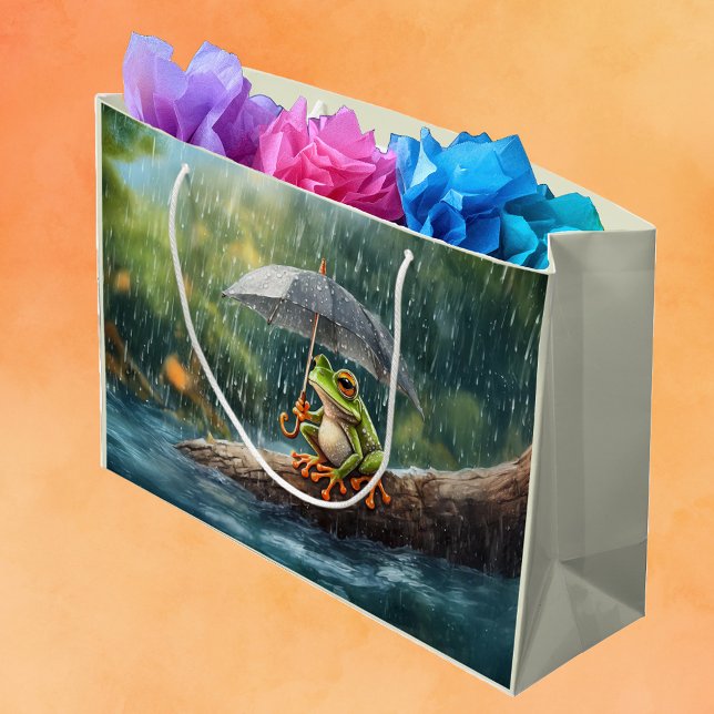 Bolsa De Regalo Grande Espectacular fiesta de cumpleaños de la rana Cotta (Whimsical Cottagecore Woodland Frog Large Gift Bag for Birthday Presents)
