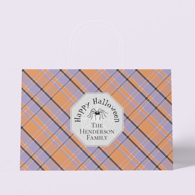 Bolsa De Regalo Grande Espeluznante Naranja Purple Black Plaid Spider Hal (Cute Orange Purple and Black Plaid Spider & Spiderweb Happy Halloween Large Gift Bag & Family Name)