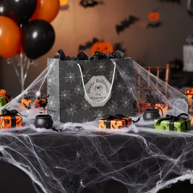 Bolsa De Regalo Grande Espíritus negros Feliz Halloween (Happy Halloween Spiderweb Gift Bag. Black Spooky Webs October Birthday Gift Wrap for Halloween Party)