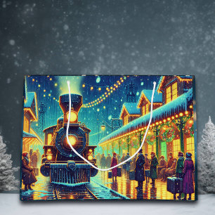 Bolsa De Regalo Grande Estación de tren de época en Navidades noche de ni