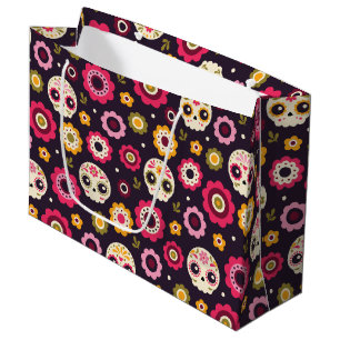 Bolsa De Regalo Grande Estampado de flores mexicano del cráneo del azúc