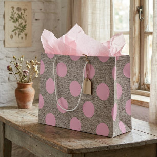 Bolsa De Regalo Grande Estilo Vintage Lunares Rosados sobre Arpillera