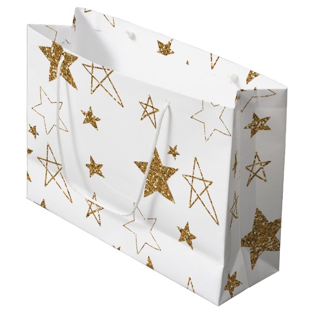 Bolsa De Regalo Grande Estrellas Purpurinas de oro (Angulo Anverso)