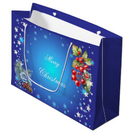 Bolsa De Regalo Grande Estrellas y bayas rojas sobre azul profundo Feliz 