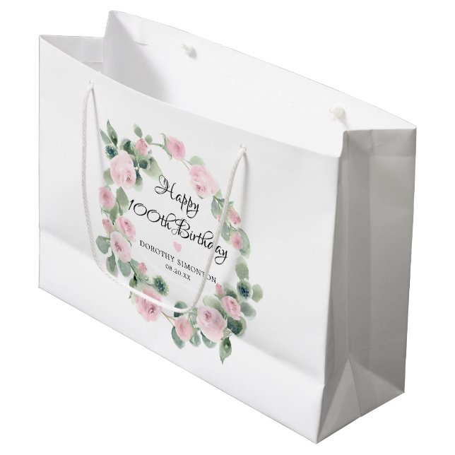 Bolsa De Regalo Grande Eucalyptus Floral Rosa Wreath 100 cumpleaños (Angulo Anverso)