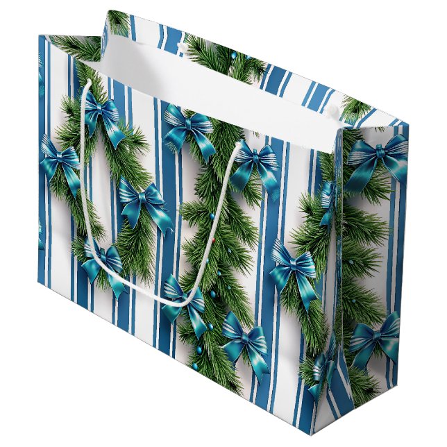 BOLSA DE REGALO GRANDE EVERGREEN GARLAND BLUE HOLIDAYS BOWS & STRIPES (Angulo Anverso)