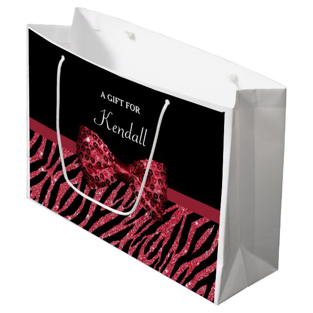 Bolsa De Regalo Grande FALSO arco del Glitz del estampado de zebra rojo (Angulo Anverso)