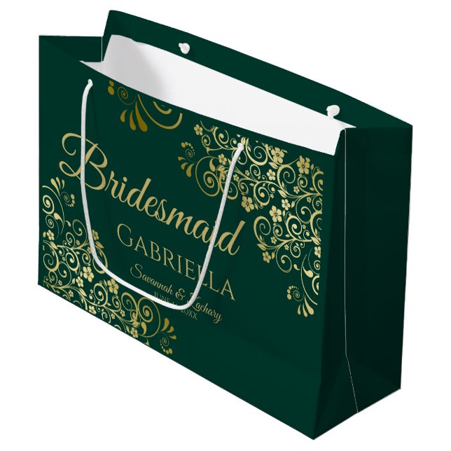Bolsa De Regalo Grande Fancy Emerald Green & Gold Elegant Bridesmaid (Angulo Anverso)