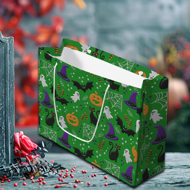 Bolsa De Regalo Grande Fantasmas de gatos negros murmuran patrón verde Ha (Subido por el creador)