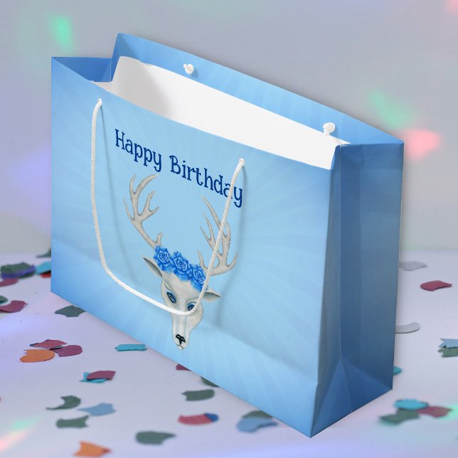 Bolsa De Regalo Grande Fantasy White Deer Head Antlers Rosas Cumpleaños (white fantasy deer head big antlers blue roses and eyes on light blue Happy Birthday gift bag.)