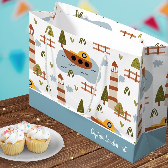 Bolsa De Regalo Grande Faro Náutico y patrón de niños en barco (Subido por el creador)