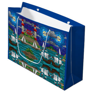 Bolsa De Regalo Grande Faro Rojo Mar Vela Buques Mar Cielo Starry