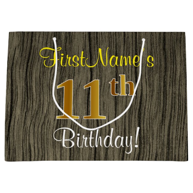 Bolsa De Regalo Grande Faux Wood Look, Faux Gold 11th Birthday + Name (Anverso)