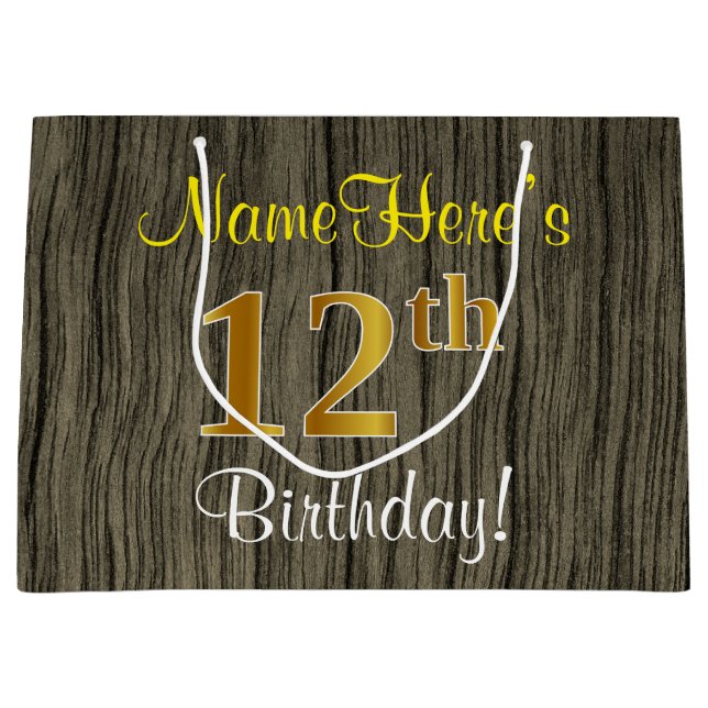 Bolsa De Regalo Grande Faux Wood Look, Faux Gold 12th Birthday + Name (Anverso)