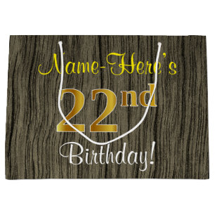 Bolsa De Regalo Grande Faux Wood Look, Faux Gold 22nd Birthday + Nombre