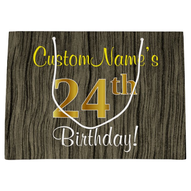 Bolsa De Regalo Grande Faux Wood Look, Faux Gold 24th Birthday + Name (Anverso)