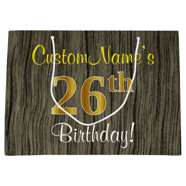 Bolsa De Regalo Grande Faux Wood Look, Faux Gold 26th Birthday + Name (Anverso)