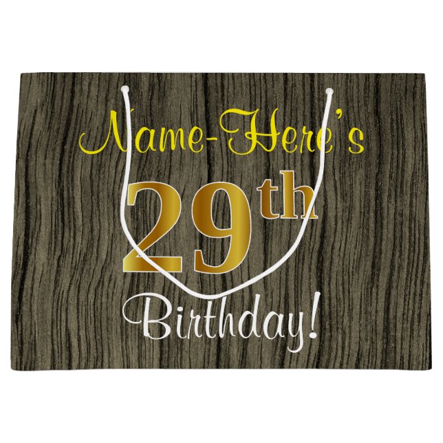 Bolsa De Regalo Grande Faux Wood Look, Faux Gold 29th Birthday + Name (Anverso)