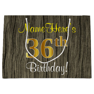Bolsa De Regalo Grande Faux Wood Look, Faux Gold 36th Birthday + Name