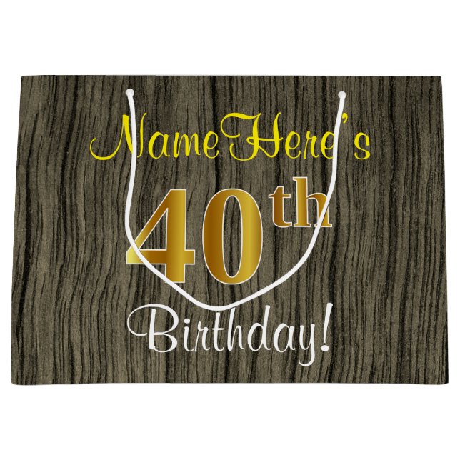 Bolsa De Regalo Grande Faux Wood Look, Faux Gold 40th Birthday + Name (Anverso)