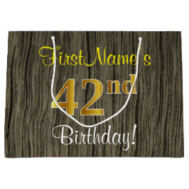 Bolsa De Regalo Grande Faux Wood Look, Faux Gold 42nd Birthday + Nombre