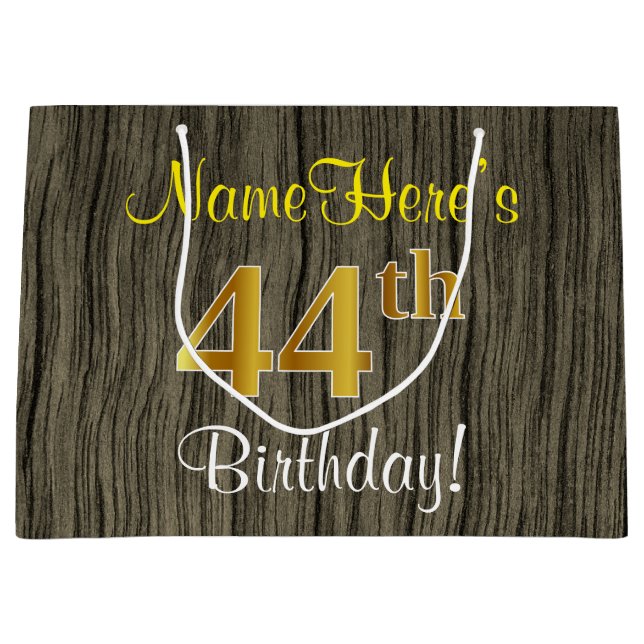 Bolsa De Regalo Grande Faux Wood Look, Faux Gold 44th Birthday + Name (Anverso)