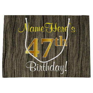 Bolsa De Regalo Grande Faux Wood Look, Faux Gold 47th Birthday + Name