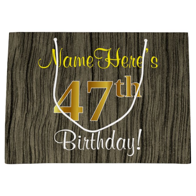Bolsa De Regalo Grande Faux Wood Look, Faux Gold 47th Birthday + Name (Anverso)