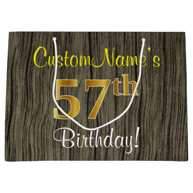 Bolsa De Regalo Grande Faux Wood Look, Faux Gold 57th Birthday + Name (Anverso)
