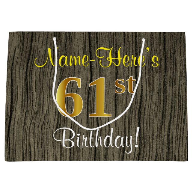 Bolsa De Regalo Grande Faux Wood Look, Faux Gold 61st Birthday + Name (Anverso)