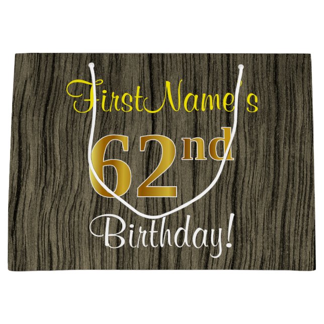 Bolsa De Regalo Grande Faux Wood Look, Faux Gold 62nd Birthday + Nombre (Anverso)