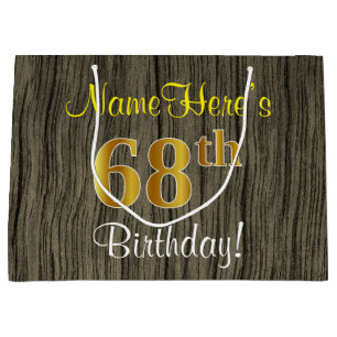 Bolsa De Regalo Grande Faux Wood Look, Faux Gold 68th Birthday + Name