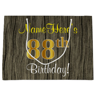 Bolsa De Regalo Grande Faux Wood Look, Faux Gold 88th Birthday + Name