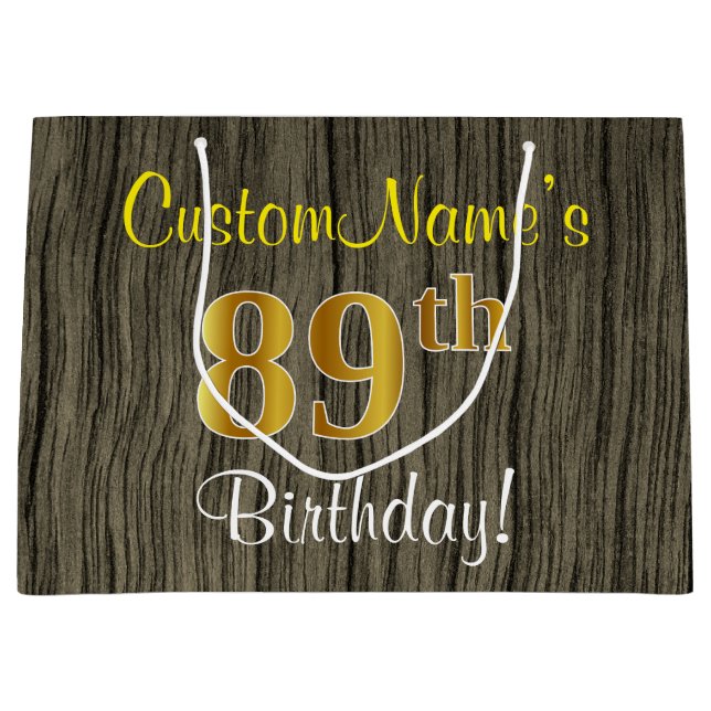 Bolsa De Regalo Grande Faux Wood Look, Faux Gold 89th Birthday + Name (Anverso)