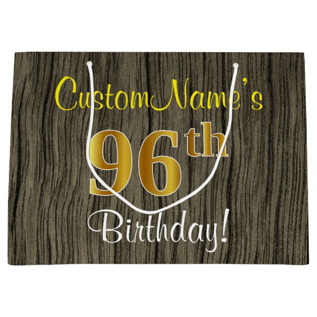 Bolsa De Regalo Grande Faux Wood Look, Faux Gold 96th Birthday + Name (Anverso)