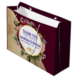 Bolsa De Regalo Grande Favor de boda de mármol dorado y flores de borgoña