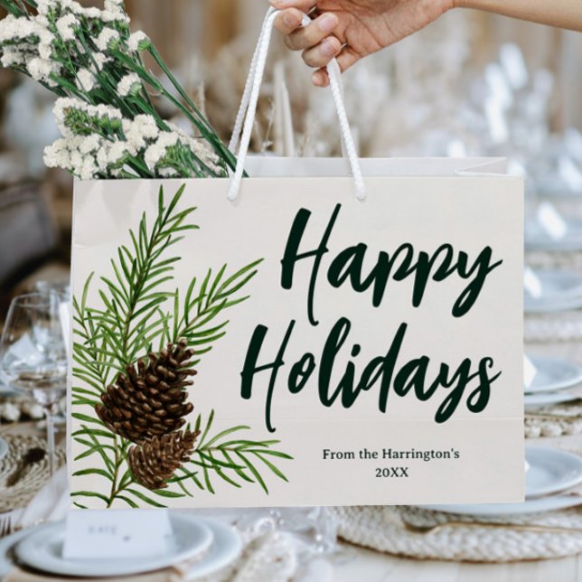 Bolsa De Regalo Grande Felices Fiestas Acuarela Invierno Pine Ivory (Subido por el creador)