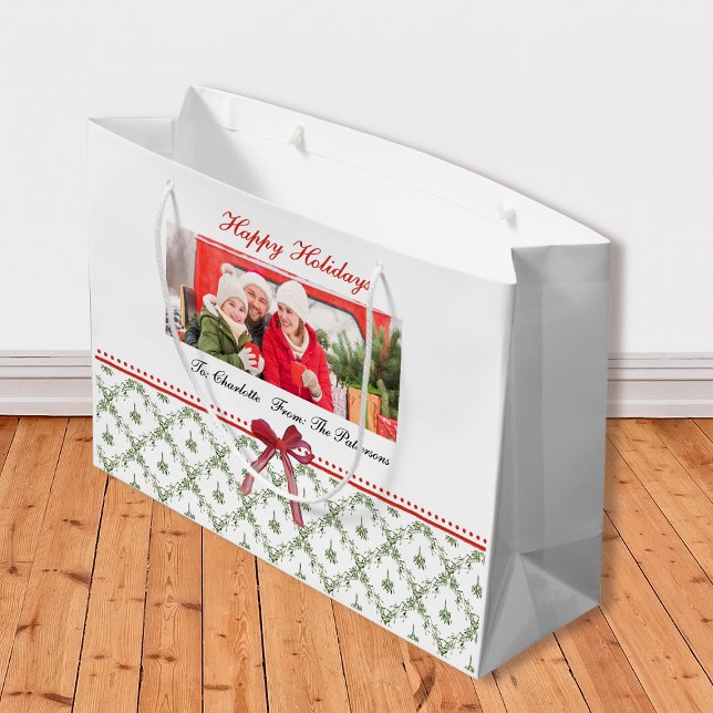 Bolsa De Regalo Grande Felices Fiestas Mistletoe Red Bow Custom Name Phot (Subido por el creador)