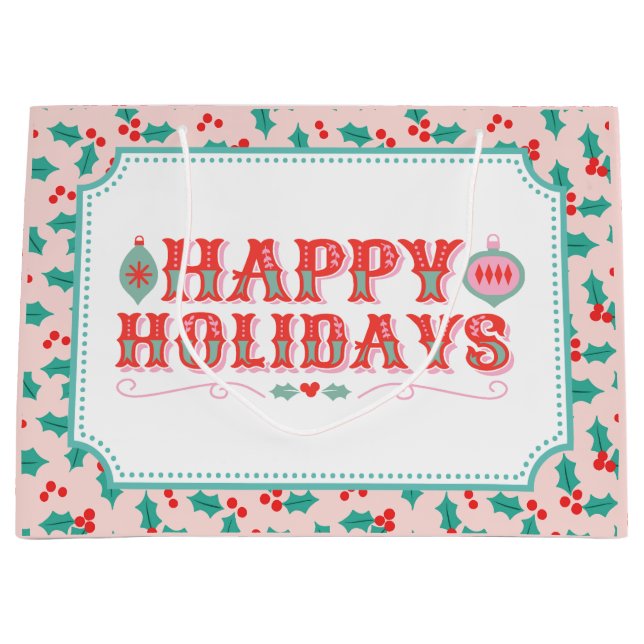 Bolsa De Regalo Grande Felices fiestas | Rosa y Holly Rojo (Anverso)