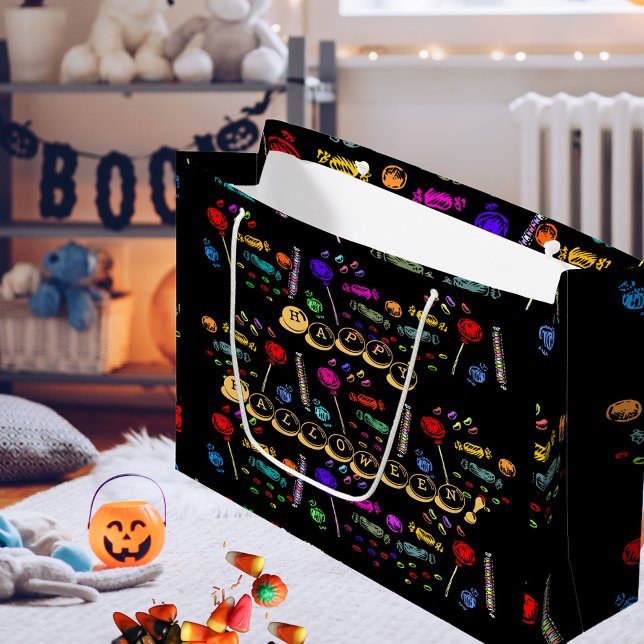 Bolsa De Regalo Grande Felices Lollipops y Patrón de Candy de Halloween,  (Happy Halloween Lollipops and Candy Pattern Large Gift Bag)