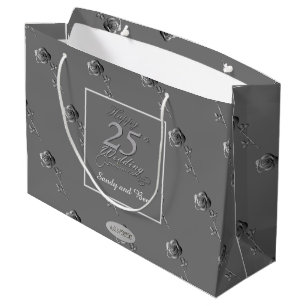 Bolsa De Regalo Grande "Feliz 25 aniversario de Boda" Rosas 3D en gris